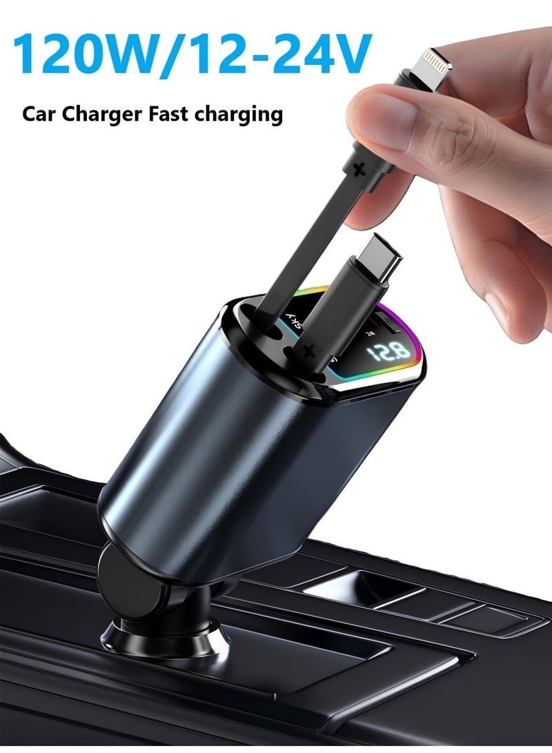 تشانجلي شاحن سيارة مع Starlight، محول شاحن سيارة سريع USB C 120 واط، شاحن سيارة قابل للسحب 4 في 1 مع منفذي USB شواحن هواتف سيارة لأجهزة iPhone 16/15/14/13/12/11 ولأجهزة Android - Image 1